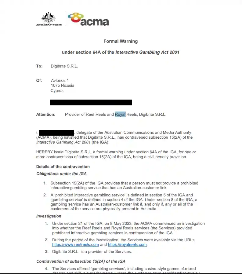 ACMA evidence concerning Royal Reels and Digibrite