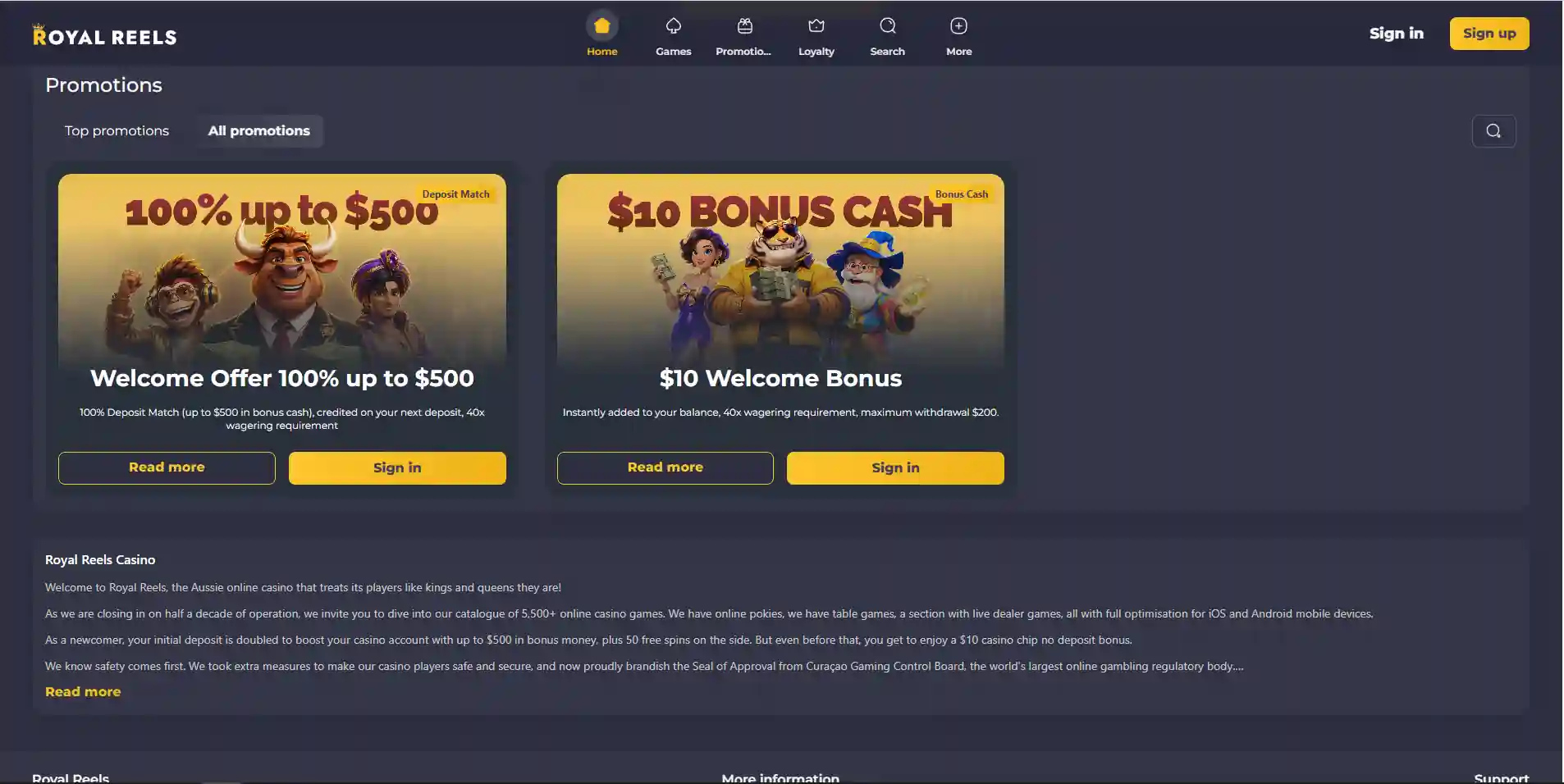 the current Royal Reels Australia-facing website