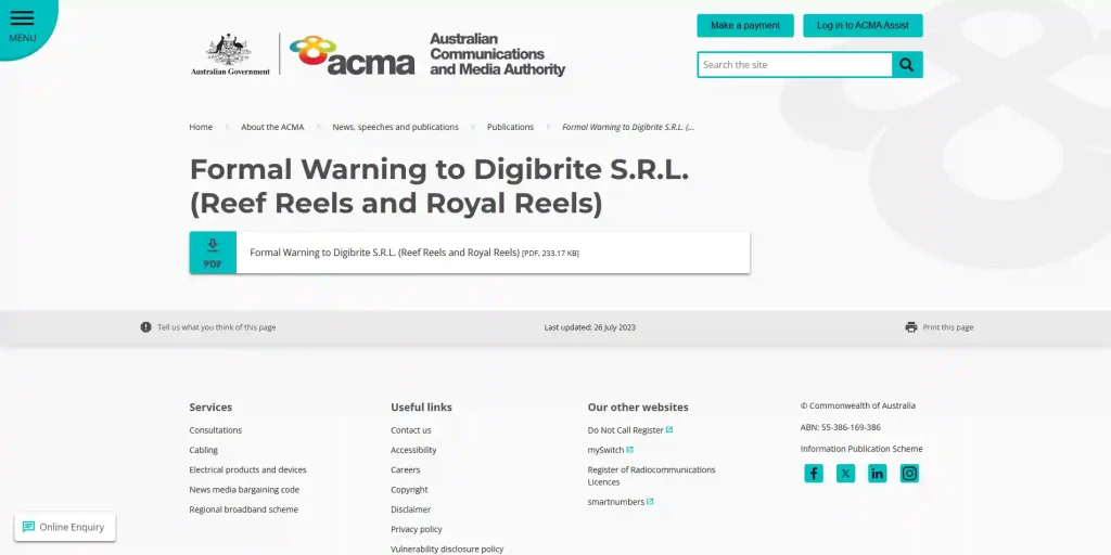 ACMA evidence relating to Royal Reels and Digibrite S.R.L.