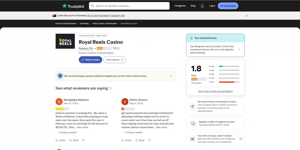 Current public Royal Reels reputation and review profile used to assess player feedback