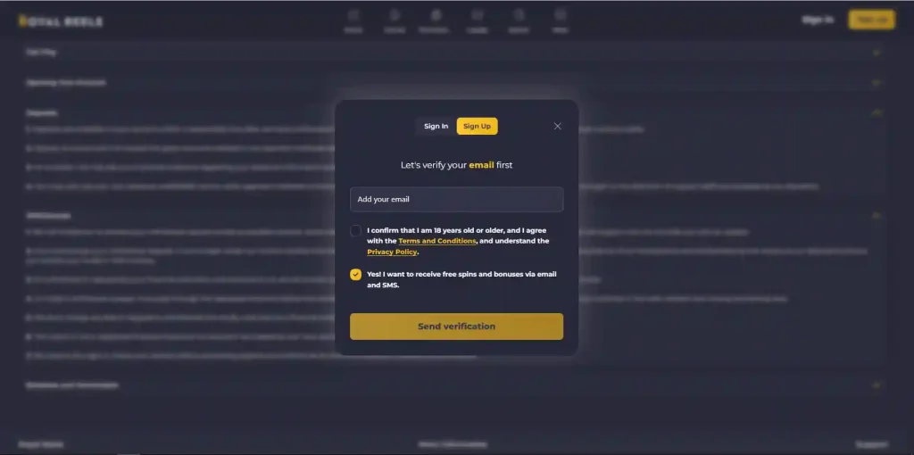 Current Royal Reels registration interface for an Australian account