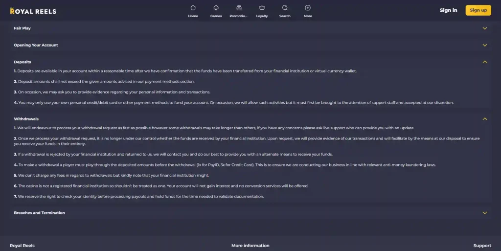 Royal Reels cashier showing current card, crypto and payment options for Australian players