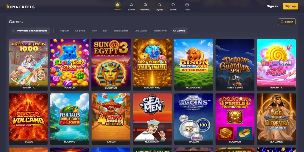 Royal Reels game lobby with pokies, live casino and table-game categories visible