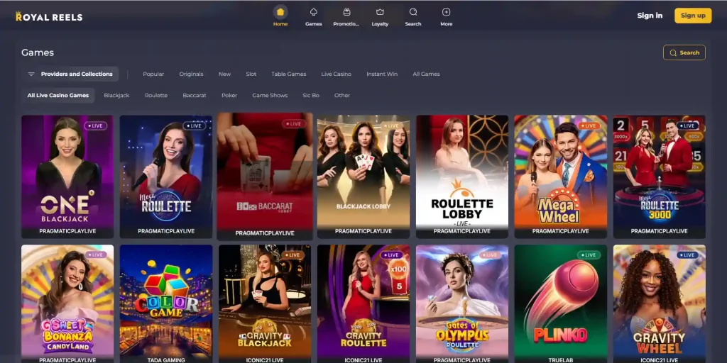Royal Reels live casino lobby showing streamed dealer tables and live-game categories