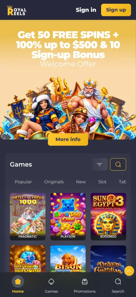 Royal Reels mobile casino displayed in a smartphone web browser
