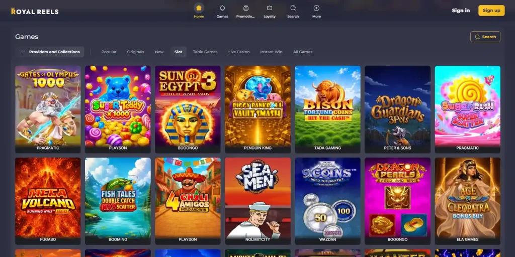 Royal Reels pokies lobby showing current slot categories and provider browsing options