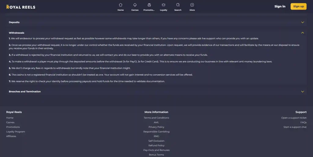 Royal Reels withdrawal and cashier information showing current cashout options